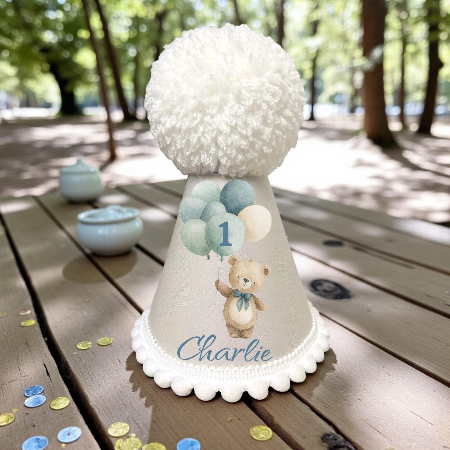 Handmade birthday party hat with balloon bear and pom-pom topper, personalised with child’s name