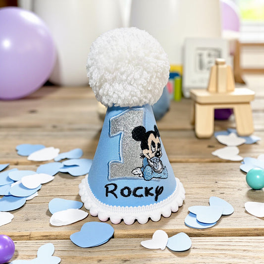 Mickey Mouse Birthday Party Hat – Personalised Baby or Toddler 1st Birthday Cake Smash Hat | Handmade Embroidered Party Accessory (Copy)