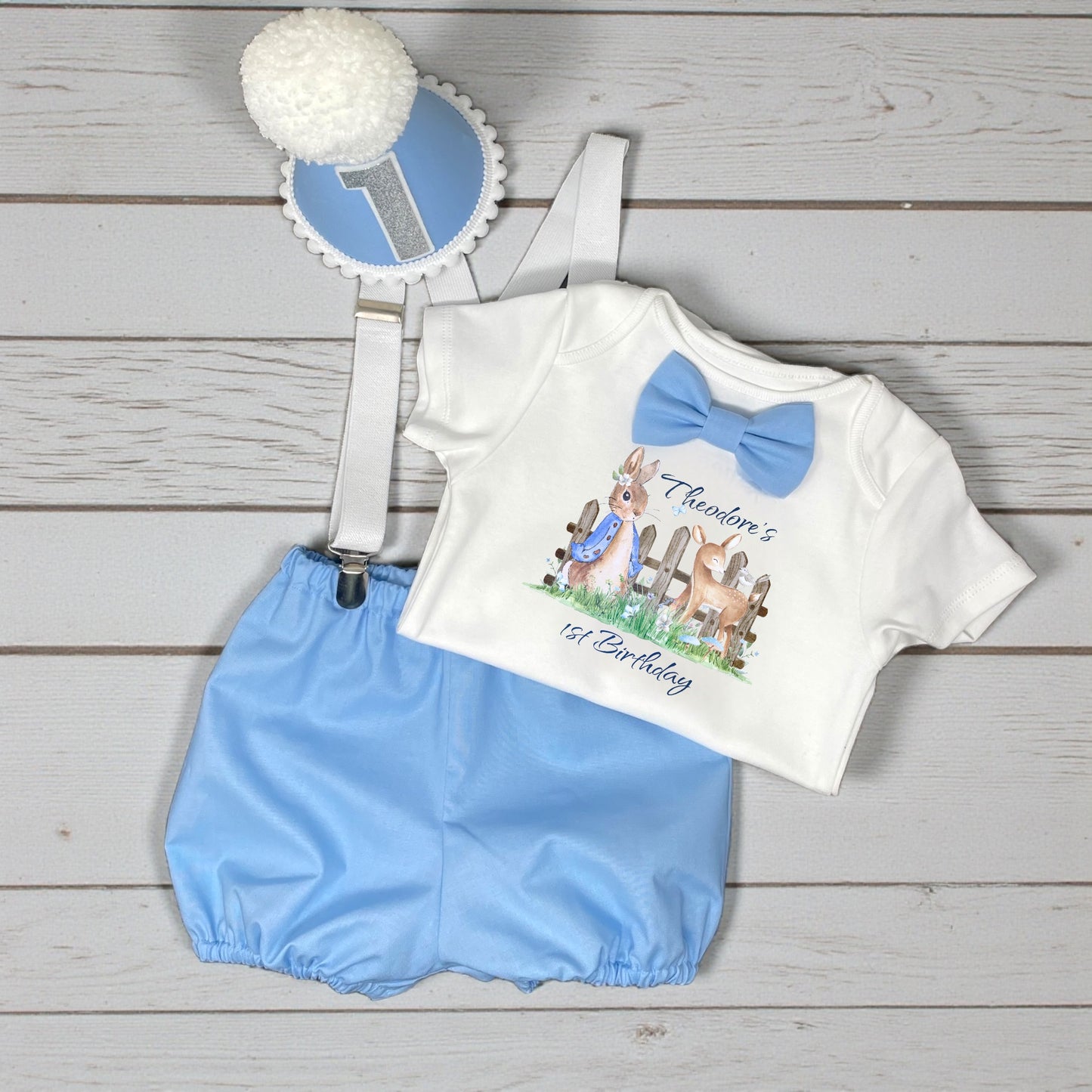 Personalised Peter Rabbit first birthday outfit with blue bloomers