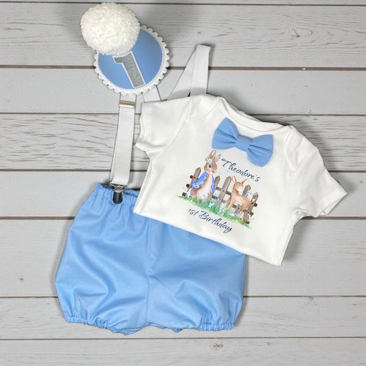 Personalised Peter Rabbit first birthday outfit with blue bloomers
