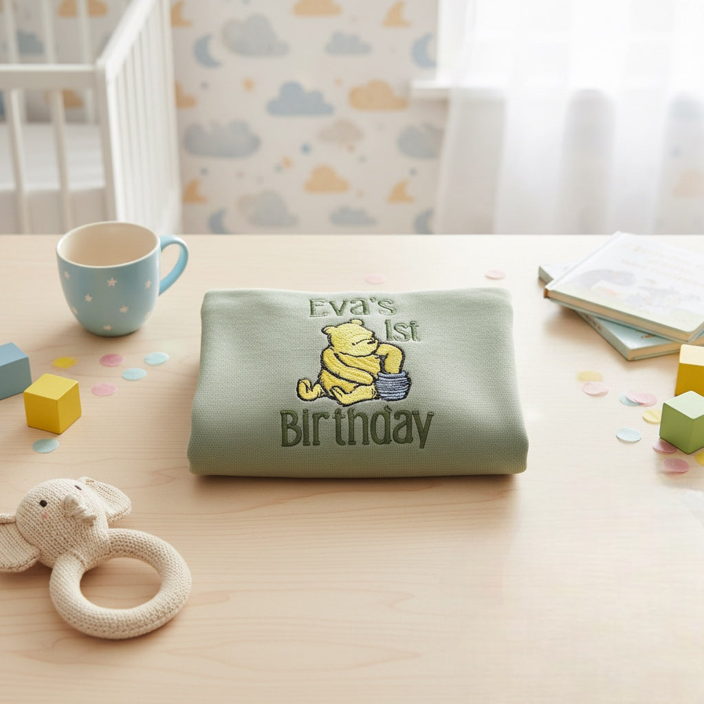 Personalised Baby Loungewear – Sage Green Classic Winnie The Pooh Birthday Outfit
