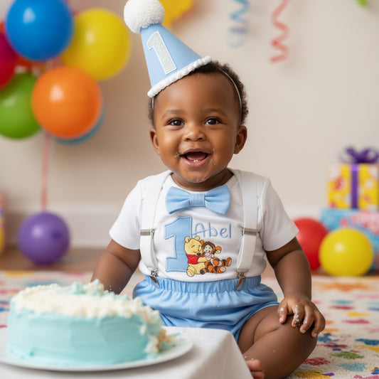 Baby Birthday Outfit – Personalised Winnie The Pooh Blue Cake Smash Clothes Set