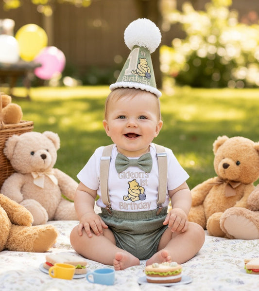 Winnie The Pooh Outfit - Sage Green Baby Birthday Cake Smash Set With Embroidered Hat