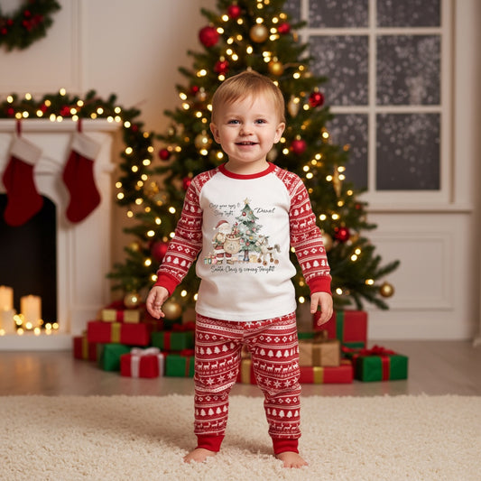 Personalised Children’s Christmas Eve Pyjamas – Red Reindeer & Tree Print – 100% Cotton Baby & Kids PJs – DTF Printed Santa Design – Made to Order