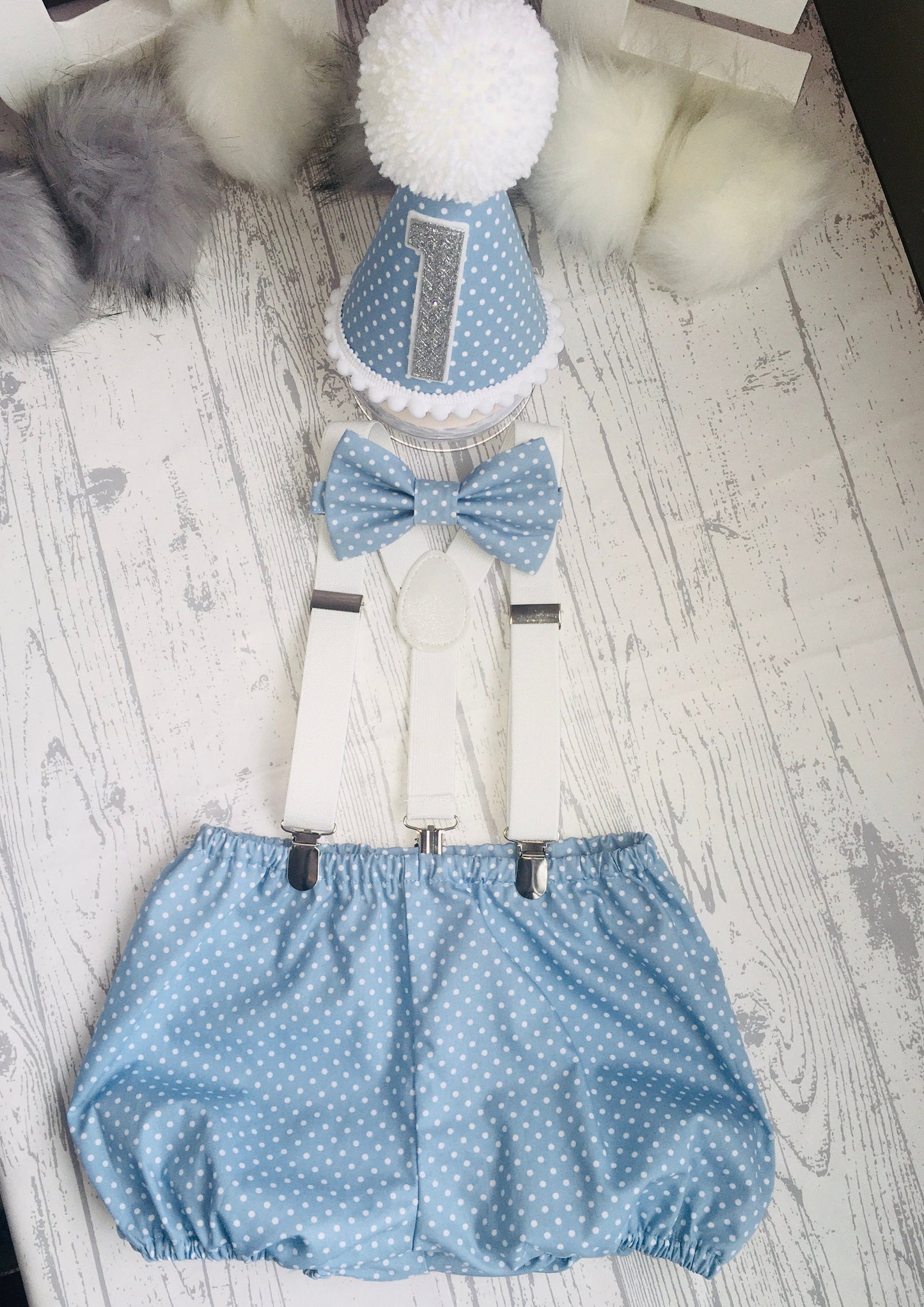 Blue Polka Dot Boys First Birthday Cake Smash Party Outfit