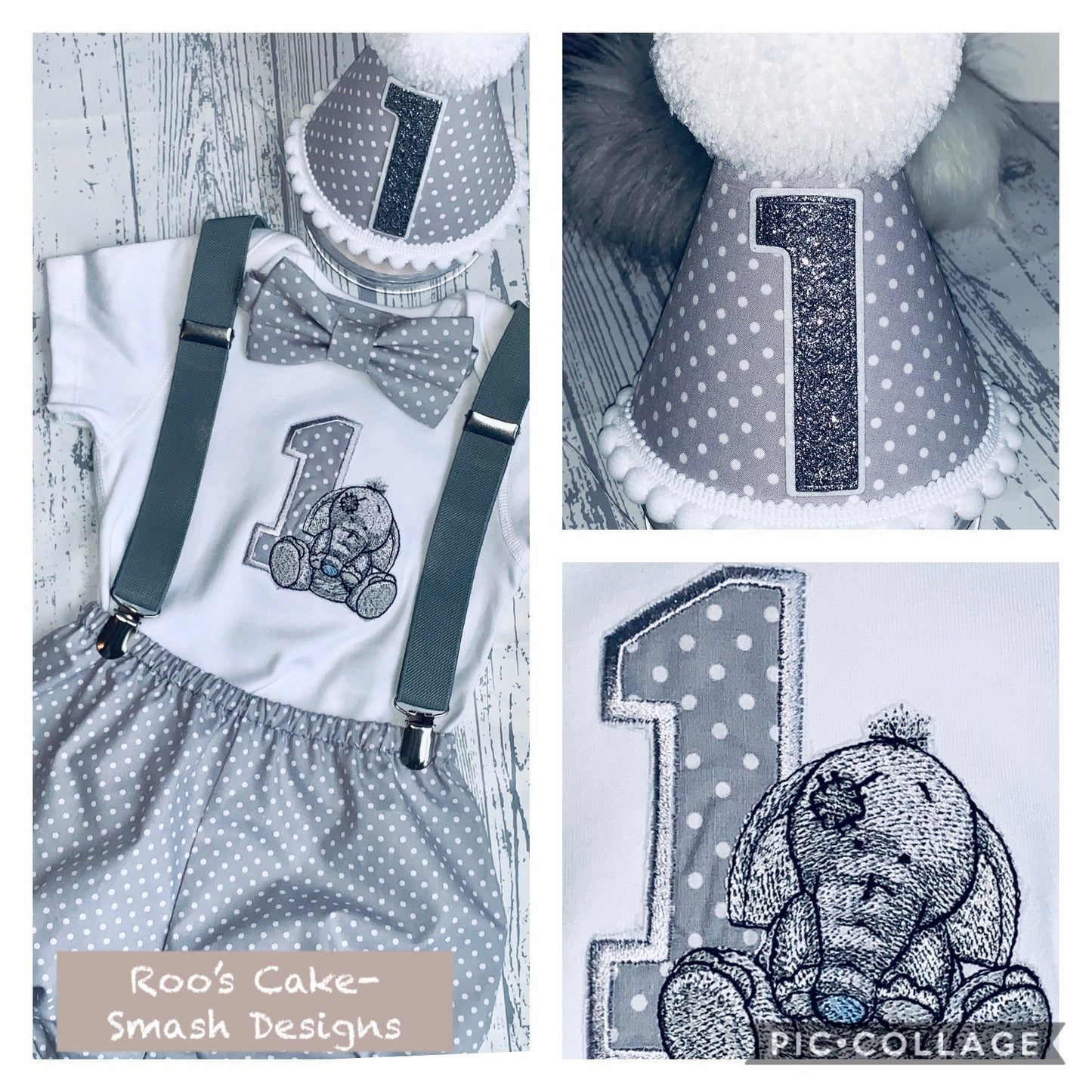 Baby Elephant Grey Polka Dot Birthday Cake Smash Party Outfit