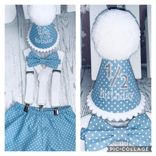 1/2 Birthday Cake Smash Party Outfit blue polka dot