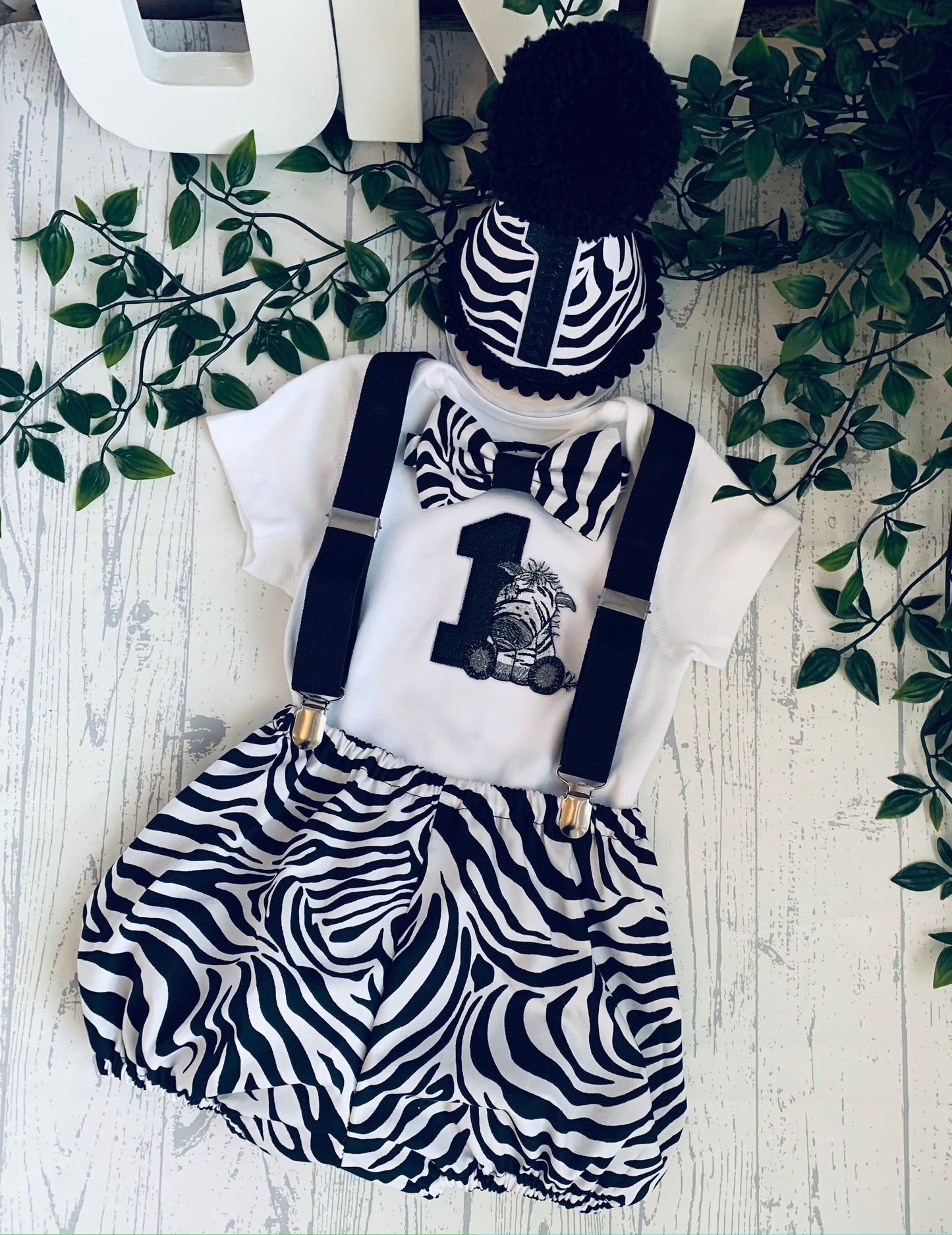 Black & White Zebra Animal Print Birthday Cake Smash Birthday Party Outfit