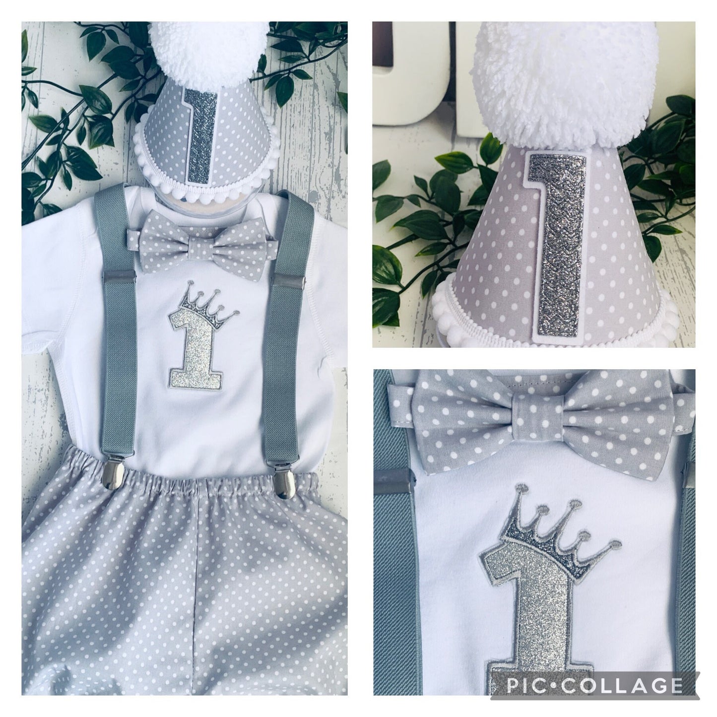 Grey Crown Polka Dot Boy's Birthday Cake Smash Party Outfit