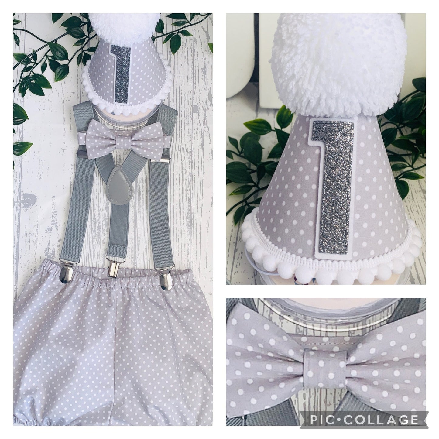 Grey Polka Dot Boys First Birthday Cake Smash Party Outfit