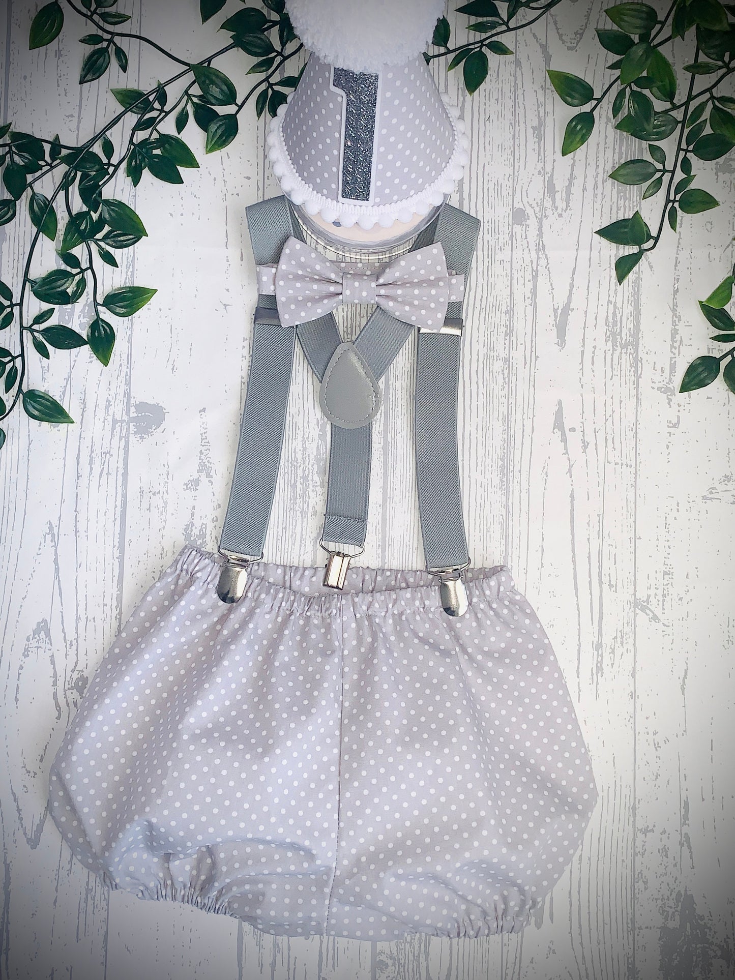 Grey Polka Dot Boys First Birthday Cake Smash Party Outfit