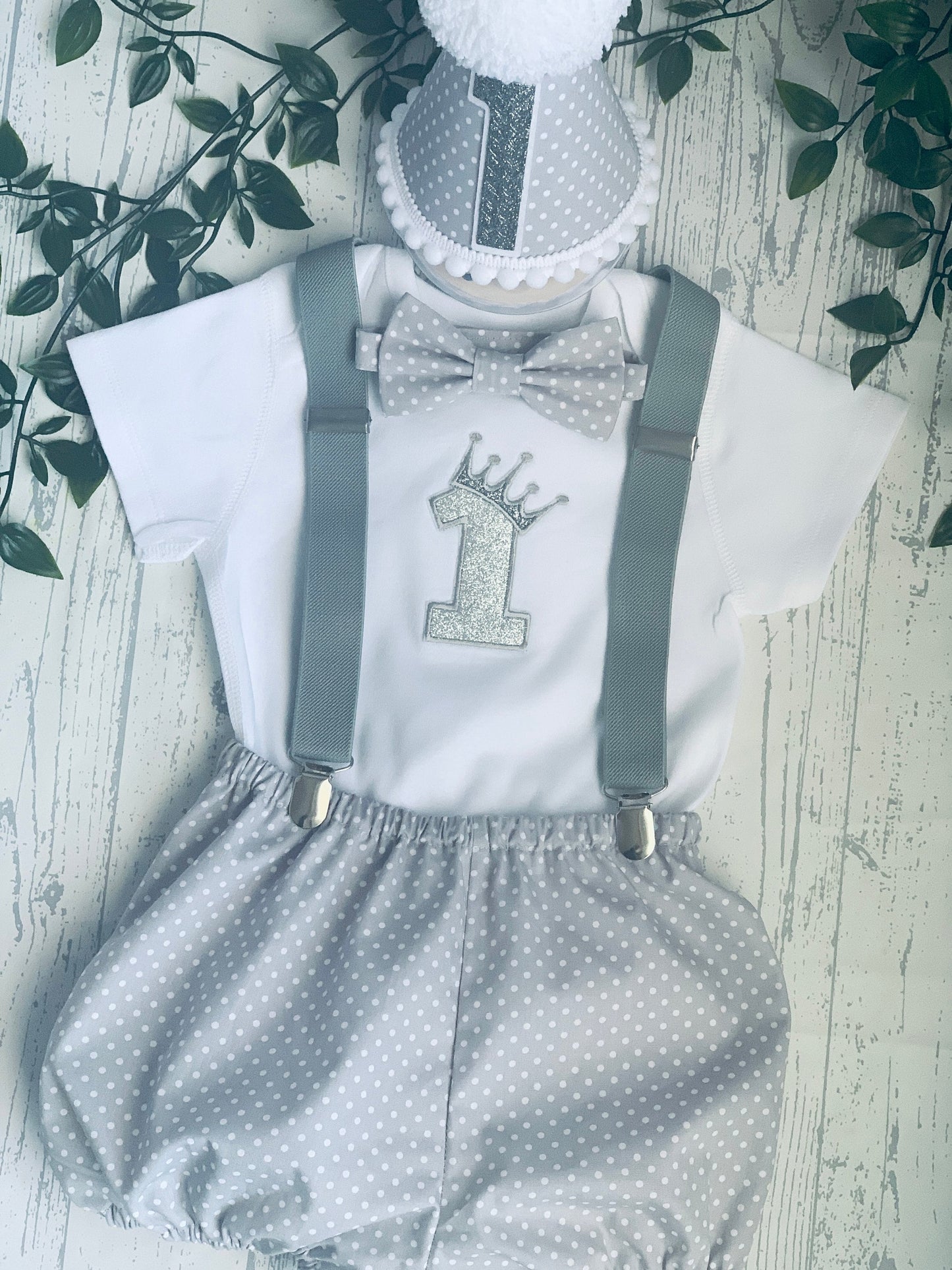 Grey Crown Polka Dot Boy's Birthday Cake Smash Party Outfit