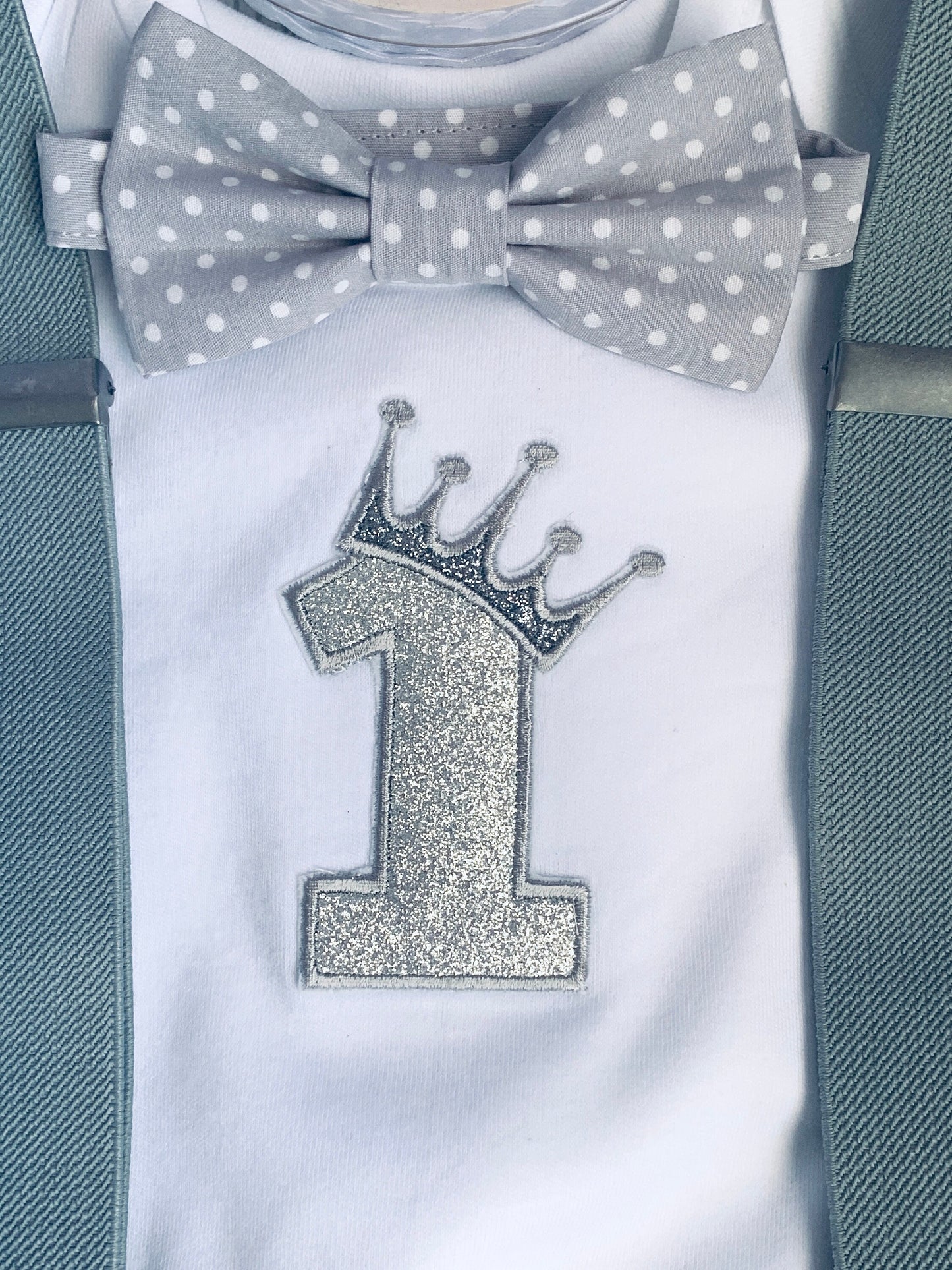 Grey Crown Polka Dot Boy's Birthday Cake Smash Party Outfit