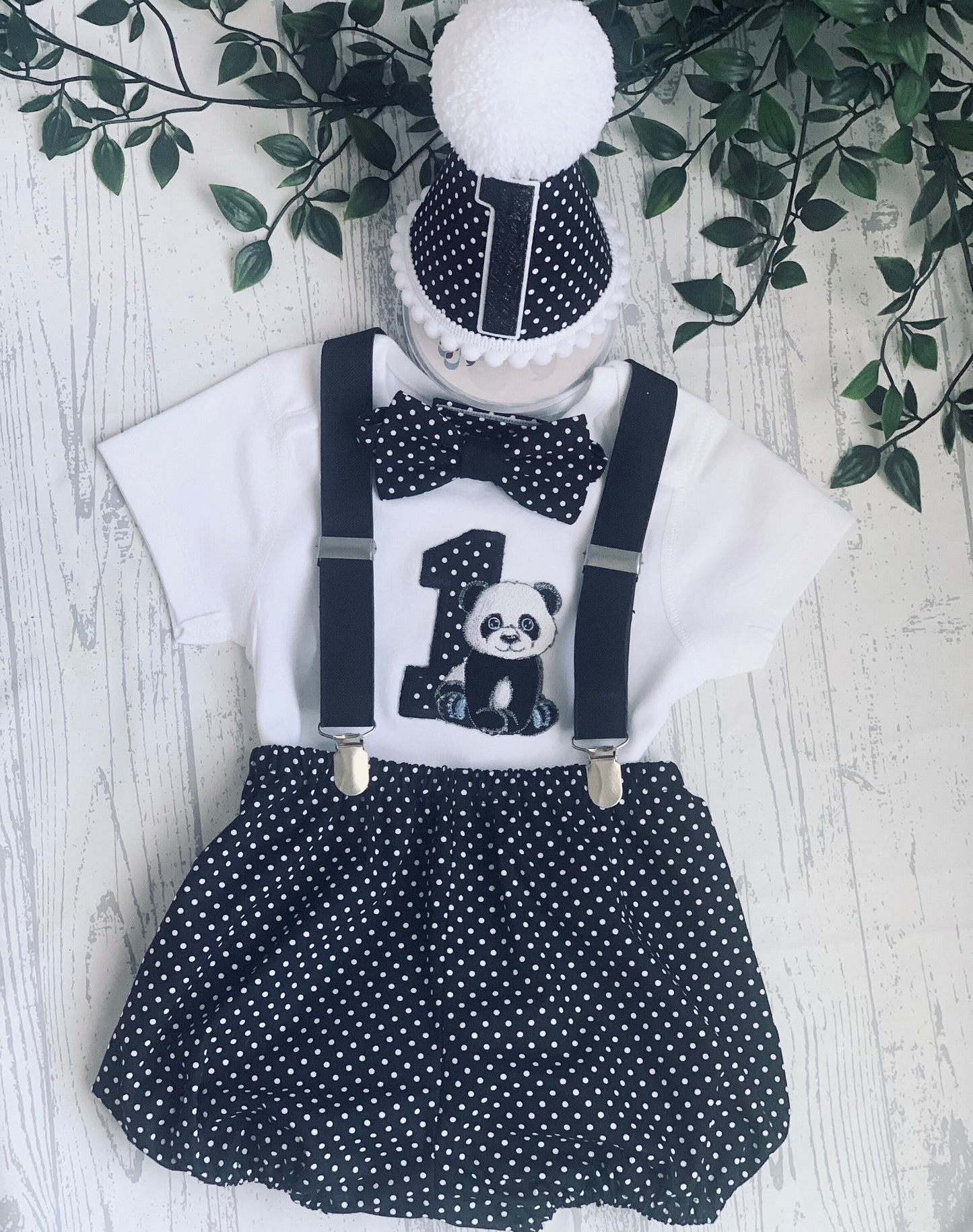 Panda Black Polka Dot Birthday Cake Smash Birthday Party Outfit