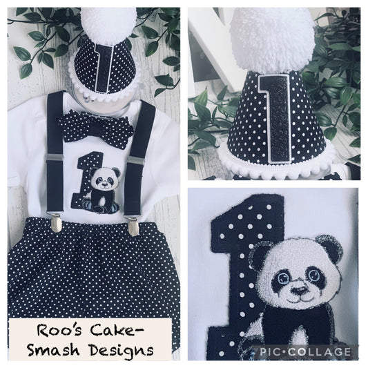 Panda Black Polka Dot Birthday Cake Smash Birthday Party Outfit