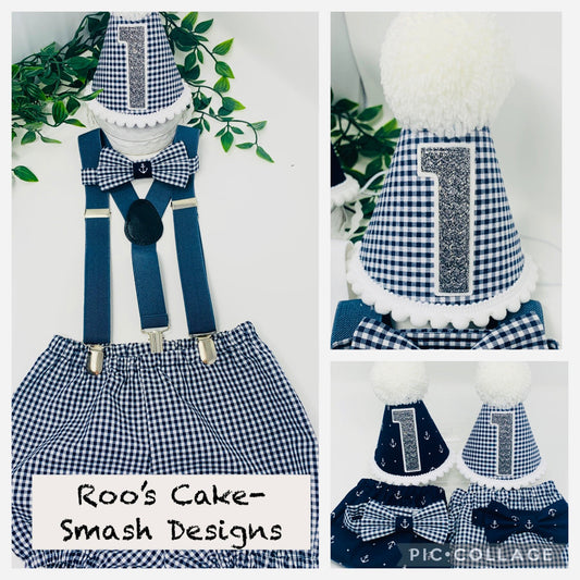 Navy Gingham Boy’s Birthday Cake Smash Party Sailor Outfit