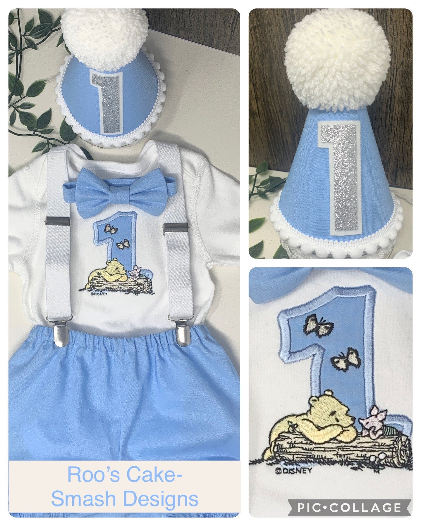 Disney Classic Vintage Baby Blue Winnie Pooh Boy's Birthday Cake Smash Party Outfit