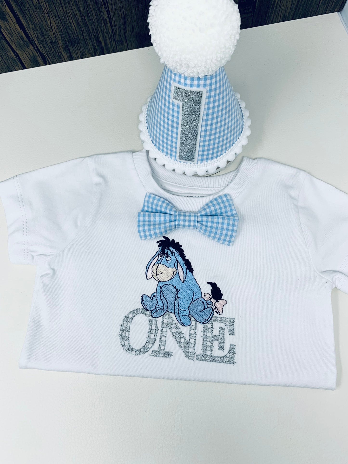 EEYORE Pale Blue Gingham Birthday Cake Smash Party Tshirt Outfit