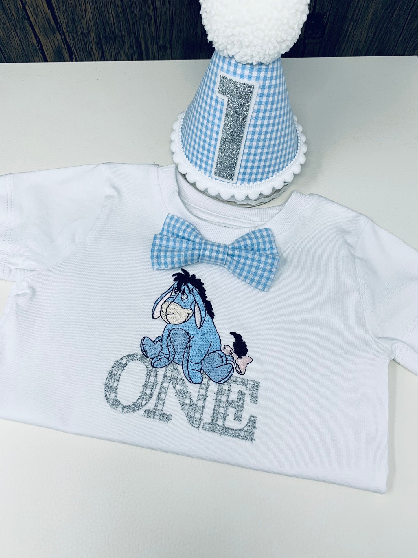 EEYORE Pale Blue Gingham Birthday Cake Smash Party Tshirt Outfit