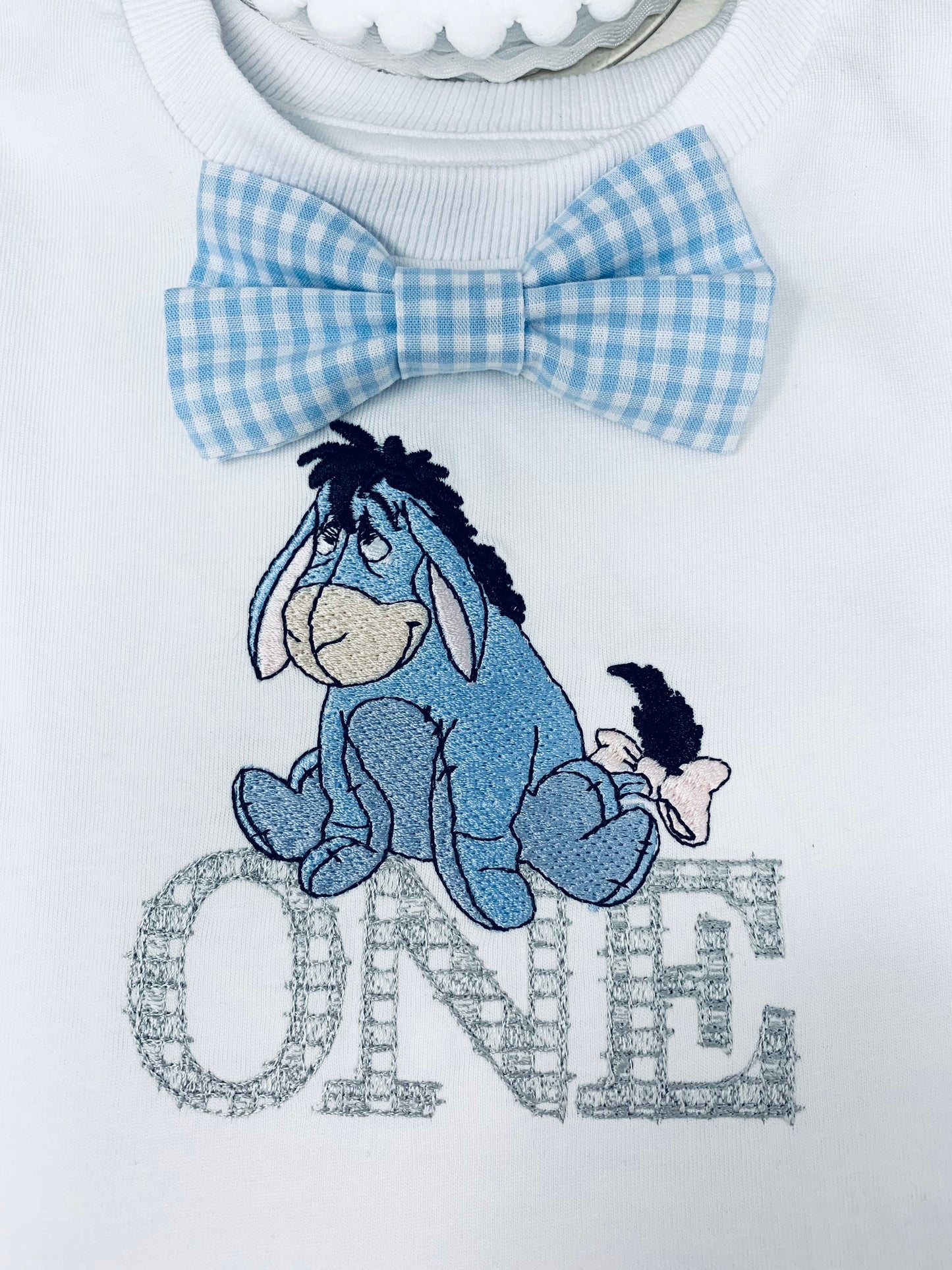 EEYORE Pale Blue Gingham Birthday Cake Smash Party Tshirt Outfit