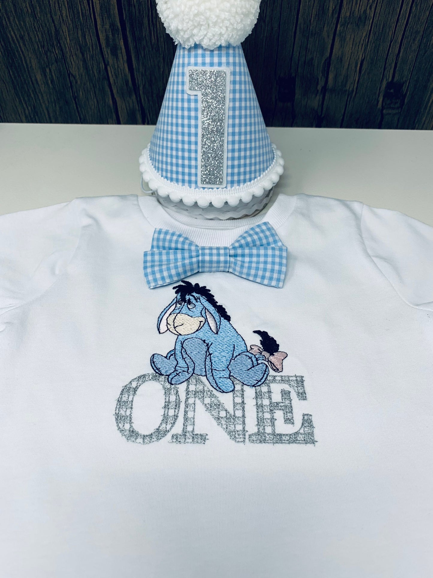 EEYORE Pale Blue Gingham Birthday Cake Smash Party Tshirt Outfit