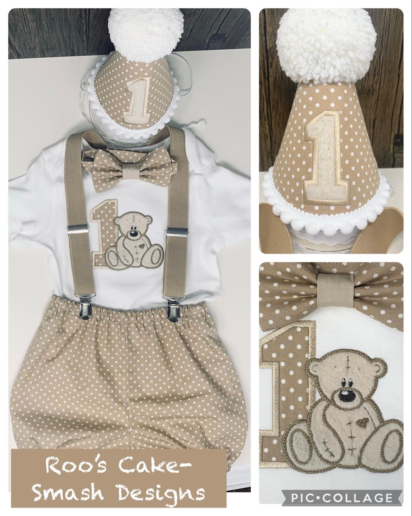 Teddy Bear Tan Polka Dot Sensory Birthday Cake Smash Party Outfit