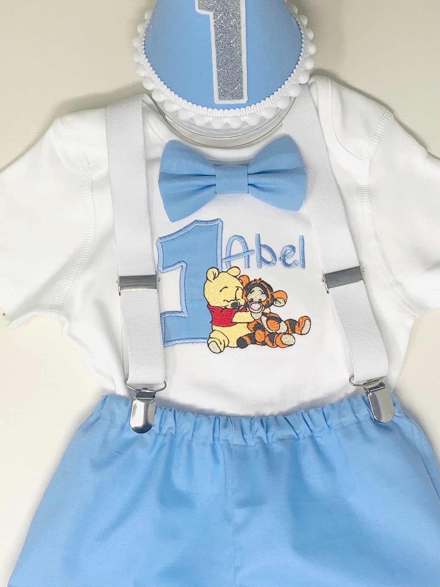 Disney Personalised Baby Winnie Pooh & Tigger Boy's Blue Birthday Cake Smash Party Outfit